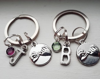 Set of Two SMALL Pinky Swear Keychains With Birthstone and Initial Charm - Personalized Best Friend Key Chain - Friend Gift - Pinky Promise