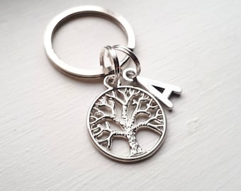 Tree Keychain With Initial Charm - Personalized Family Tree Key Chain - Tree of Life