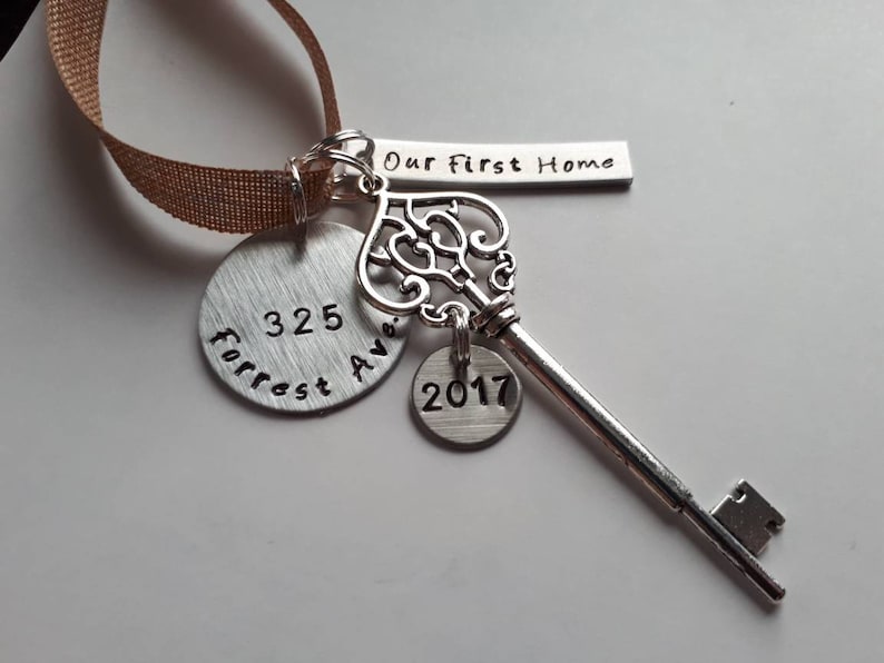 Our First Home 2024 Personalized Hand Stamped New House Christmas Ornament With Address and Skeleton Key Charm 2023 image 4