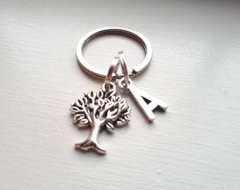 Small Tree Keychain With Initial Charm - Personalized Family Tree Key Chain - Tree of Life