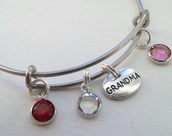 Grandma Bracelet With Swarovski Birthstones on Bangle - Personalized