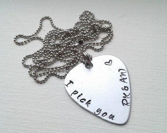 Hand Stamped Aluminum Guitar Pick Necklace With I Pick You and Initials or Date - Personalized Customized Guitar Pick - Valentine's Day Gift