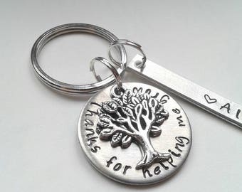 Thanks For Helping Me Grow Hand Stamped Custom Teacher Keychain With Tree and Name - Teacher Gift From Student - Daycare Provider Nanny Gift