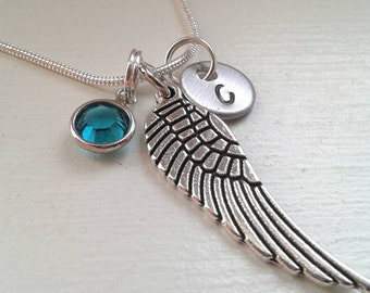 Angel Wing Charm Necklace With Hand Stamped Initial Disc and Birthstone - Personalized Jewelry - Memorial - Guardian Angel