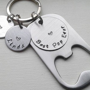 Father's Day Stainless Steel Bottle Opener Keychain With Your Choice of Wording & Option of Name Discs - Best Poppy Ever Dad Est. Uncle