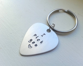 Hand Stamped Aluminum Bronze Stainless Steel or Copper Guitar Pick Keychain With Initials, I Pick You, Date - Customize Valentine's Day Gift