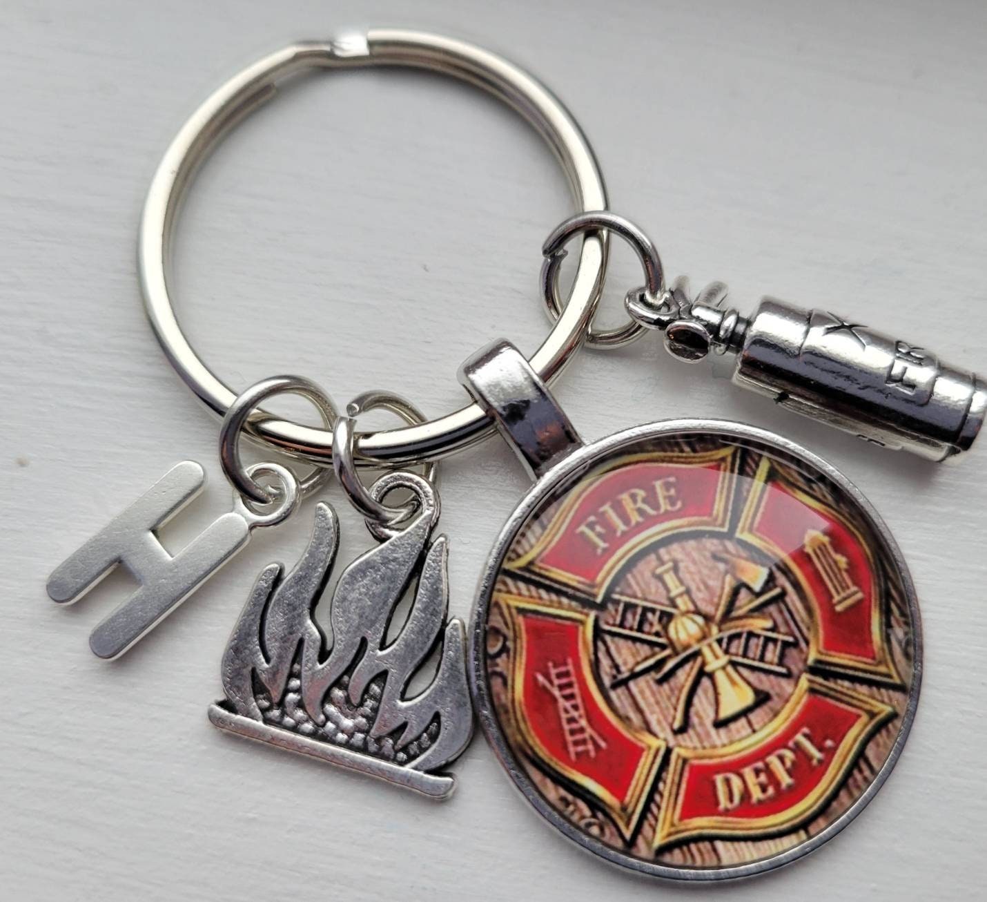 Firefighter Keychain With Initial, Fire and Extinguisher Charm - New ...