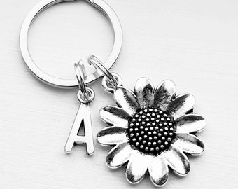 Sunflower Keychain With Initial Charm - Personalized Flower Key Chain - Bridesmaid Gift - Daisy Keychain