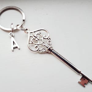 Skeleton Key Keychain With Initial Charm - Personalized New House Gift - Key To My Heart