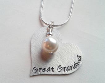 Great Grandma Heart Necklace With Pearl - Personalised Mother's Day Gift - Grandmother Necklace