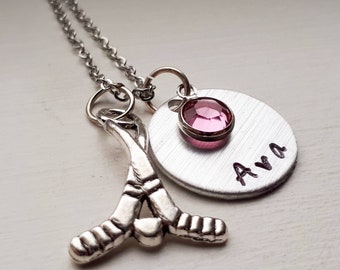 Hockey Necklace With Hand Stamped Name and Birthstone - Personalized Jewelry - Hockey Stick - Field Hockey Team Gift - Hockey Coach - Custom
