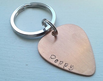 Simpler Hand Stamped Copper Guitar Pick or Keychain With Name - Personalized Father's Day Custom Keychain - Husband Wife - Grandpa - Dad