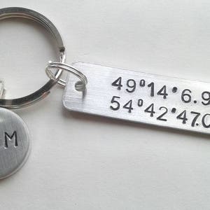 Hand Stamped Aluminum Longitude Latitude Keychain With Initials Option, Personalised With Coordinates