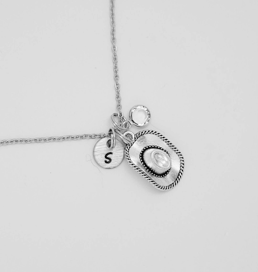 Cowboy Hat Necklace With Hand Stamped Initial Disc, Birthstone