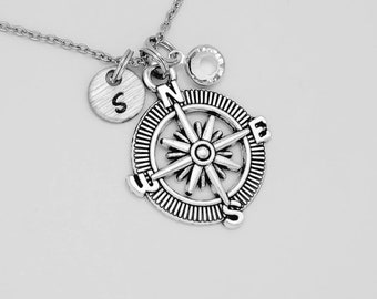 Compass Necklace With Hand Stamped Initial Disc, Birthstone - Personalized