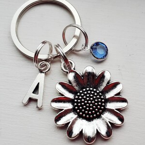 Sunflower Keychain With Initial Charm and Birthstone - Personalized Flower Key Chain - Bridesmaid Gift - Best Friend
