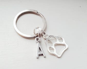 Small Dog Paw Keychain With Initial Charm - Personalized Dog Key Chain