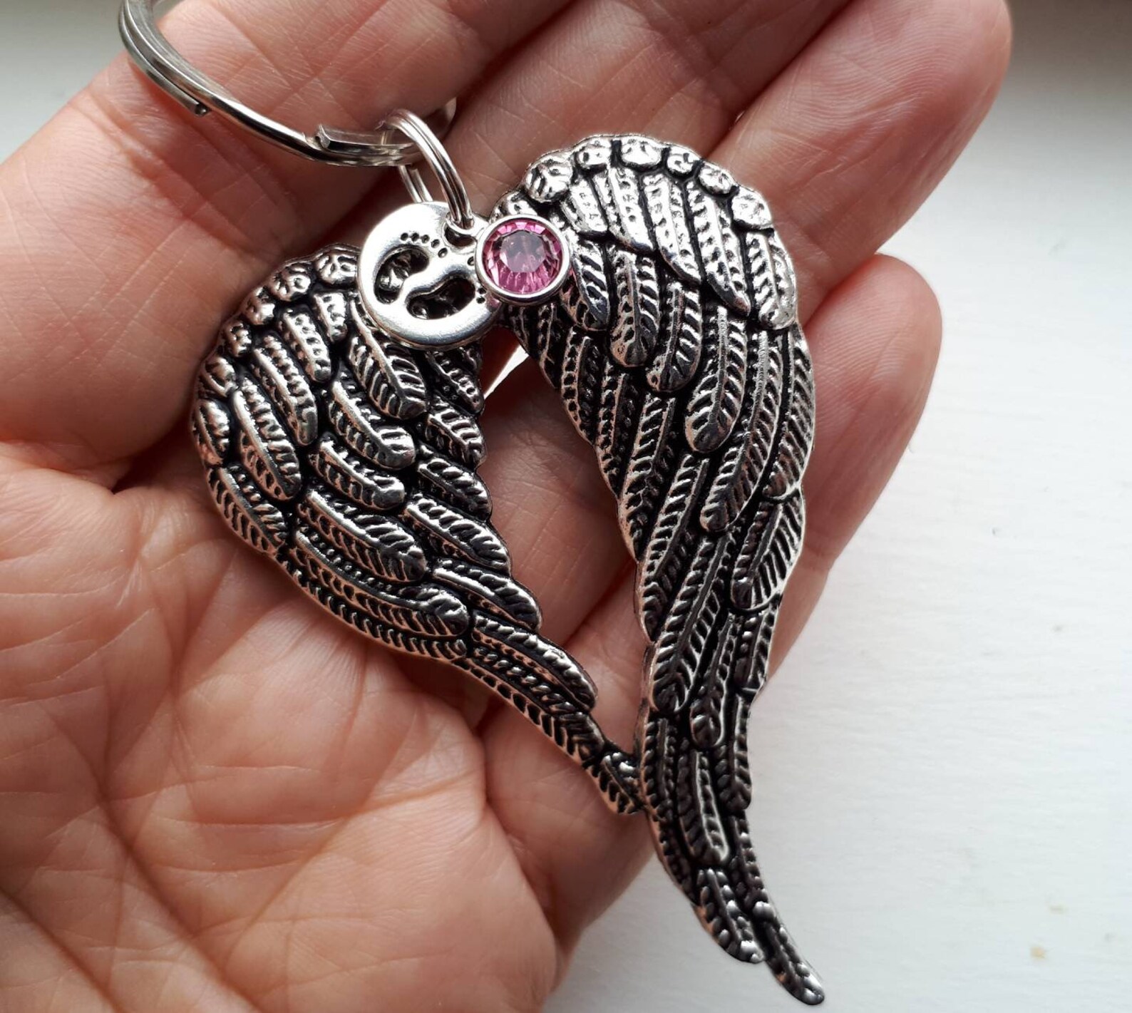 Large Angel Wing Keychain With Footprint Charm and Option of Birthstone ...