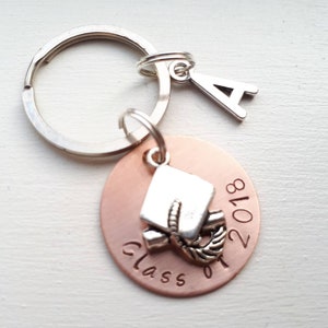 Graduation Keychain With Class of 2024, Initial Charm - Hand Stamped Personalized Grad Gift - School Grad Key Chain Custom Grad Gift