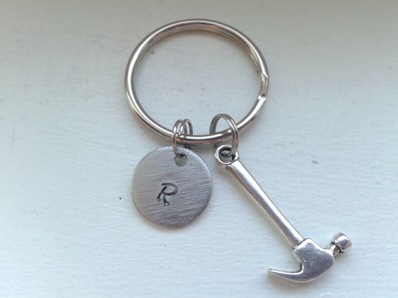 Hammer Keychain With Hand Stamped Initial Disc Custom Etsy