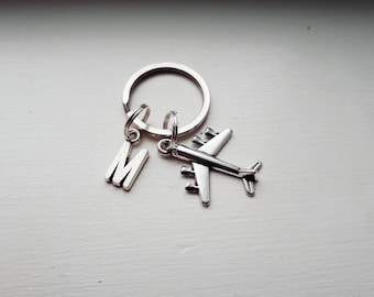 Small Airplane Keychain With Initial Charm - Personalized Plane Key Chain