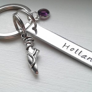 Hand Stamped Ballet Slipper Aluminum Bar Keychain With Birthstone - Personalized - Custom Ballerina Keychain - Ballet Slipper Charm