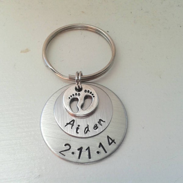 Hand Stamped Personalized Keychain With Chlid's Name, Date of Birth, Along & Footprint Charm - Father's Day Gift Grandpa - Mom Mother's Day