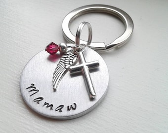 Memorial Keychain With Angel Wing, Birthstone, Cross Charm and Name - Dad - Mom - Grandma  Grandpa - Sympathy Gift Personalized