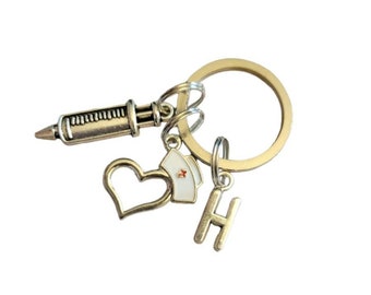 Small Nurse Keychain With Initial, Heart and Needle/Syringe Charm - LPN - Paramdic - RN