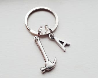 Small Hammer Keychain With Initial Charm - Personalized Construction Worker or Handyman Key Chain