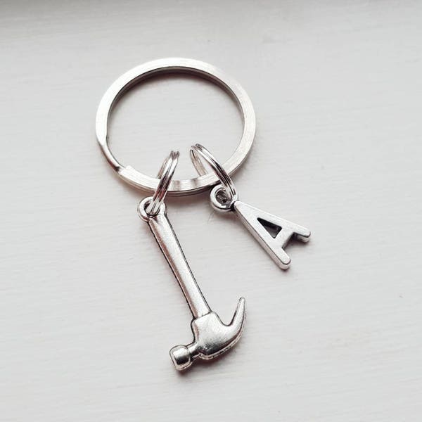 Small Hammer Keychain With Initial Charm - Personalized Construction Worker or Handyman Key Chain