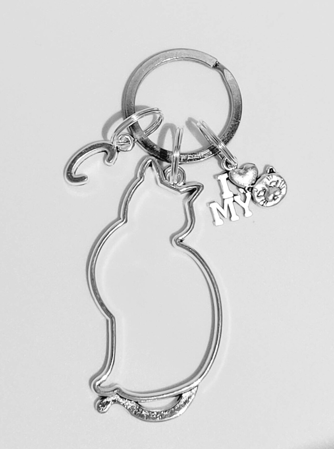 Large Cat Silhouette Keychain With Initial Charm and I Love My Etsy
