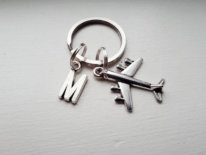 Small Airplane Keychain With Initial Charm Personalized Plane Key Chain Pilot Gift Traveler image 3