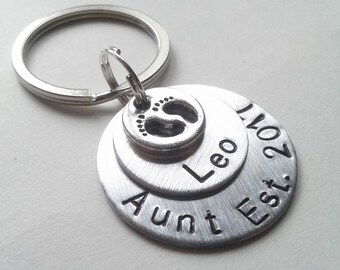 Personalized Hand Stamped Keychain With Name & Aunt Established, Footprint Charm - Poppy New Grandpa Est. 2023 - Papa - Uncle - Mother's Day