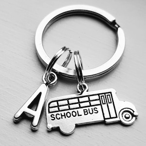 SMALL School Bus Keychain With Initial Charm - Bus Driver Key Chain