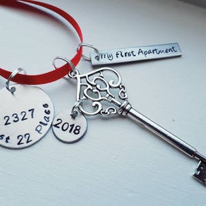 My First Apartment 2024 Personalized Hand Stamped Christmas Ornament With Address And Skeleton Key Charm