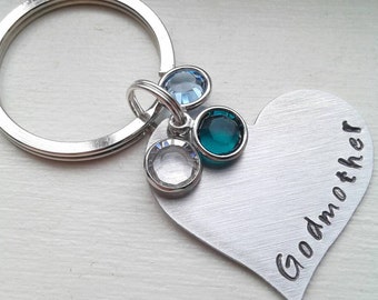 Personalized Hand Stamped Godmother Heart Keychain With Birthstones - Baptism Christening Gift, Aunt Godmother Gift, Nanny, Wife, Auntie