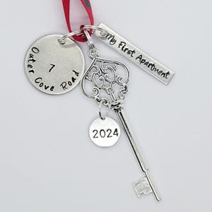 My First Apartment 2025 Personalized Hand Stamped Christmas Ornament With Address And Skeleton Key Charm