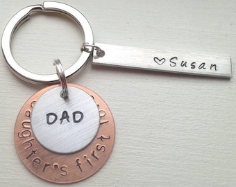 Dad Hand Stamped Mixed Metal Keychain From Daughter - Daughter's First Love - Father of the Bride - Wedding Personalized Gift - New Daddy
