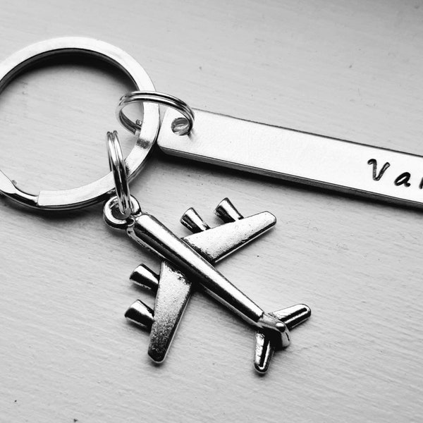 Airplane Hand Stamped Keychain With Name and Airplane Charm - Personalized - Pilot Gift - Air Plane - Traveller Gift