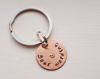 Small Hand Stamped Copper Keychain With Your Choice of Wording - 7th Anniversary Gift - Name Personalized I Love You Date