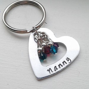 Personalized Hand Stamped Heart Keychain With Birthstones Mom, Grandma, Aunt, Wife, Godmother Gift, Nanny, Name, Wife, Auntie, Sister image 1