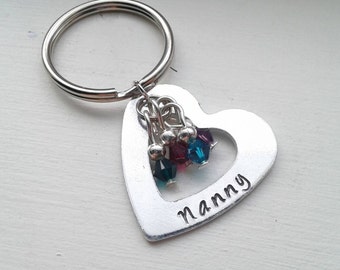 Personalized Hand Stamped Heart Keychain With Birthstones - Mom, Grandma, Aunt, Wife, Godmother Gift, Nanny, Name, Wife, Auntie, Sister