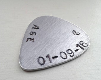 Personalized Hand Stamped Aluminum Guitar Pick or Keychain - With Initials, Date and Heart - Customized Pick Valentine's Gift Anniversary