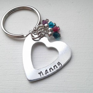 Personalized Hand Stamped Heart Keychain With Birthstones Mom, Grandma, Aunt, Wife, Godmother Gift, Nanny, Name, Wife, Auntie, Sister image 2