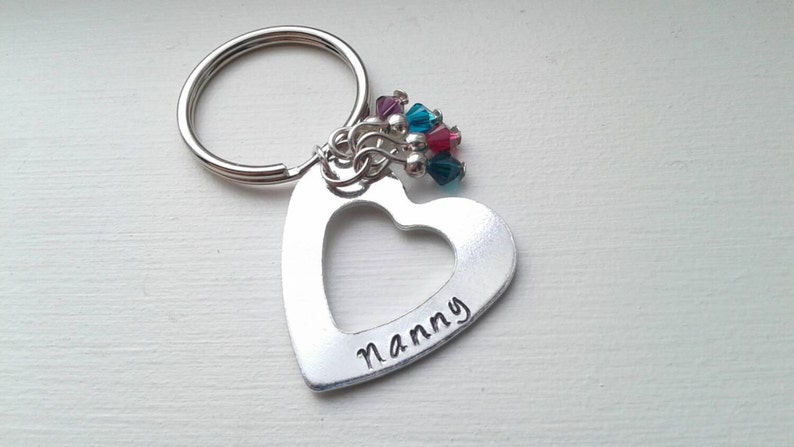 Personalized Hand Stamped Heart Keychain With Birthstones Mom, Grandma, Aunt, Wife, Godmother Gift, Nanny, Name, Wife, Auntie, Sister image 2