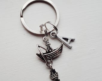 Small Fishing Keychain With Initial Charm - Personalized Fisherman Boat Key Chain