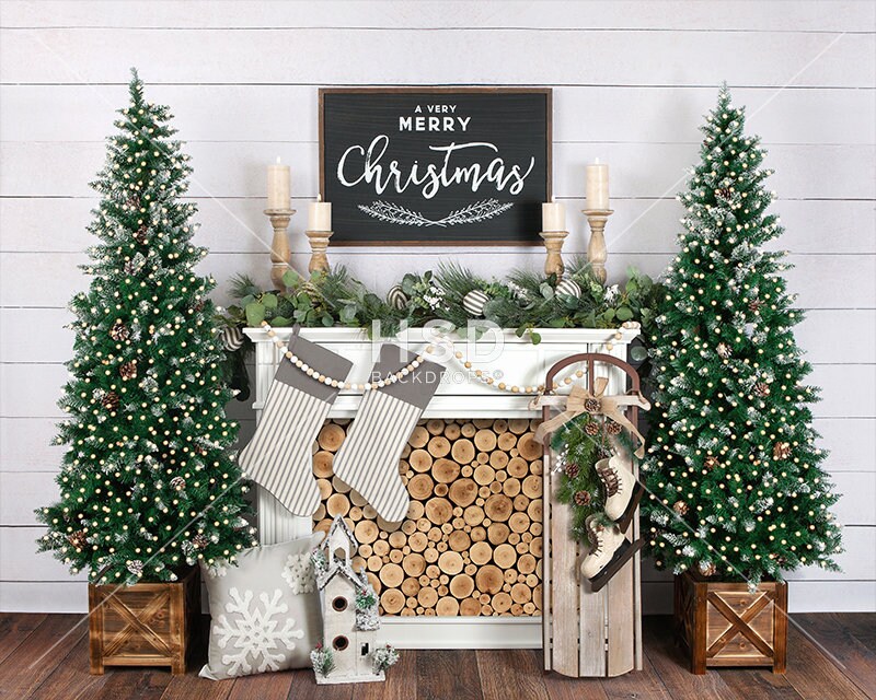 Dobeans 7x5ft Christmas Fireplace Backdrops for Photography Winter Christmas Tree Photo Backdrop Kids Adults Family Party Background for Photography Indoor Christmas Photo Booth Props 