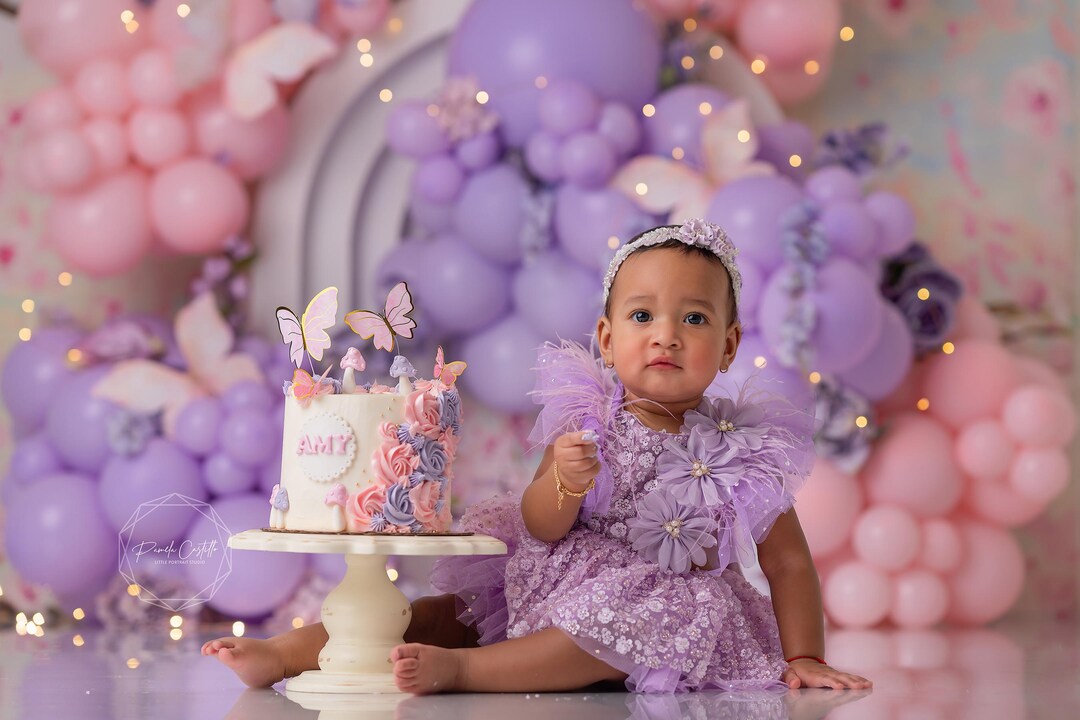 Purple & Pink Butterfly Cake Smash Backdrop Girls- 1st Birthday ...