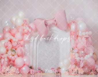 Pink Bow Arch Cake Smash Backdrop Girl - 1st Birthday Cake Smash Photo Background - Printed Balloon Photo Backdrop - Photo Props WHM640 RPP